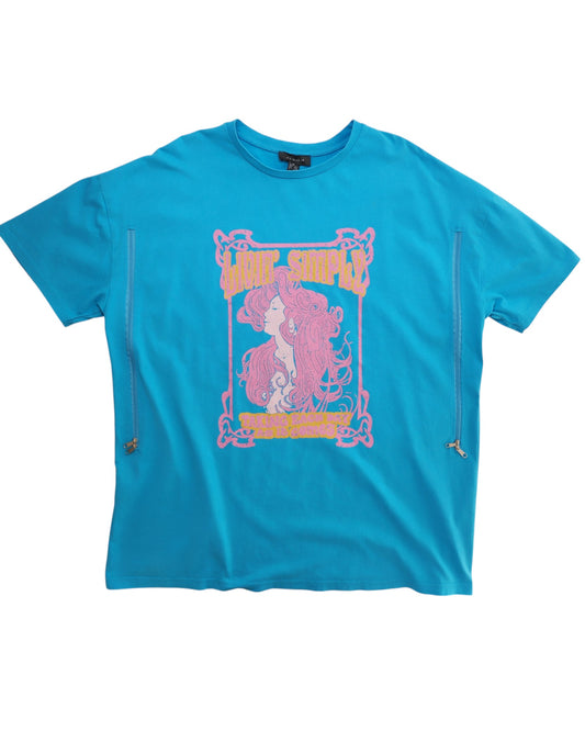 The Primark Upcycled Breastfeeding & Pumping Turquoise/Pink Girl t-shirt (M, UK12/14) features a vibrant woman’s graphic with TRUE SIMPLY yellow text, ornate borders, and side zippers—great for stylish nursing and pumping moms.