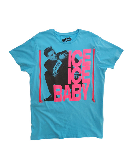 Primarks Upcycled Breastfeeding & Pumping Vanilla Ice Ice Baby t-shirt (XL) features a black-and-white pose graphic with bold pink ICE ICE BABY text, crafted from upcycled clothing for unique, eco-friendly nursing style.