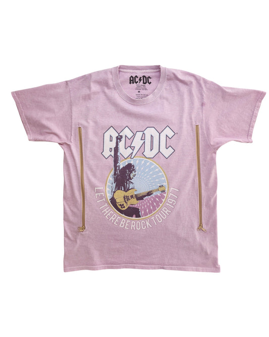 Upcycled lilac AC/DC breastfeeding & pumping t-shirt (M) features a guitarist graphic, band logo, Let There Be Rock Tour 1977 text, and decorative zippers—perfect for fans of preloved fashion and nursing moms.