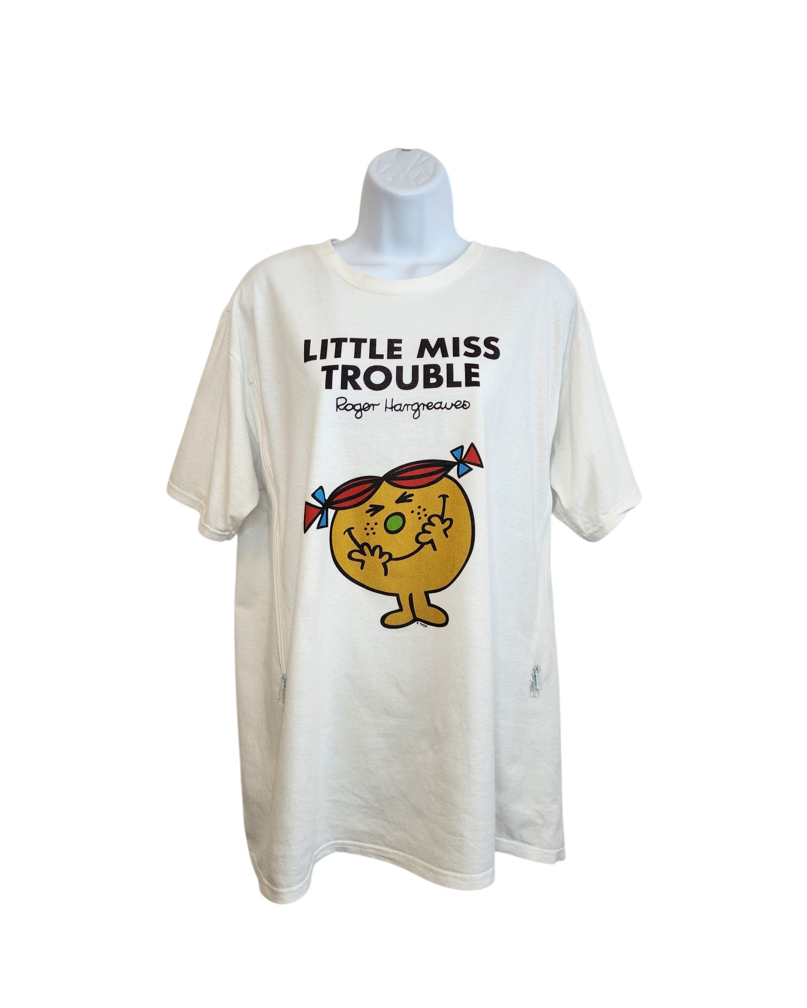 Port & Company Upcycled Breastfeeding & Pumping Little Miss Trouble t-shirt (L)—white tee featuring a cartoon with sunglasses and pigtails, perfect for fans of sustainable fashion.