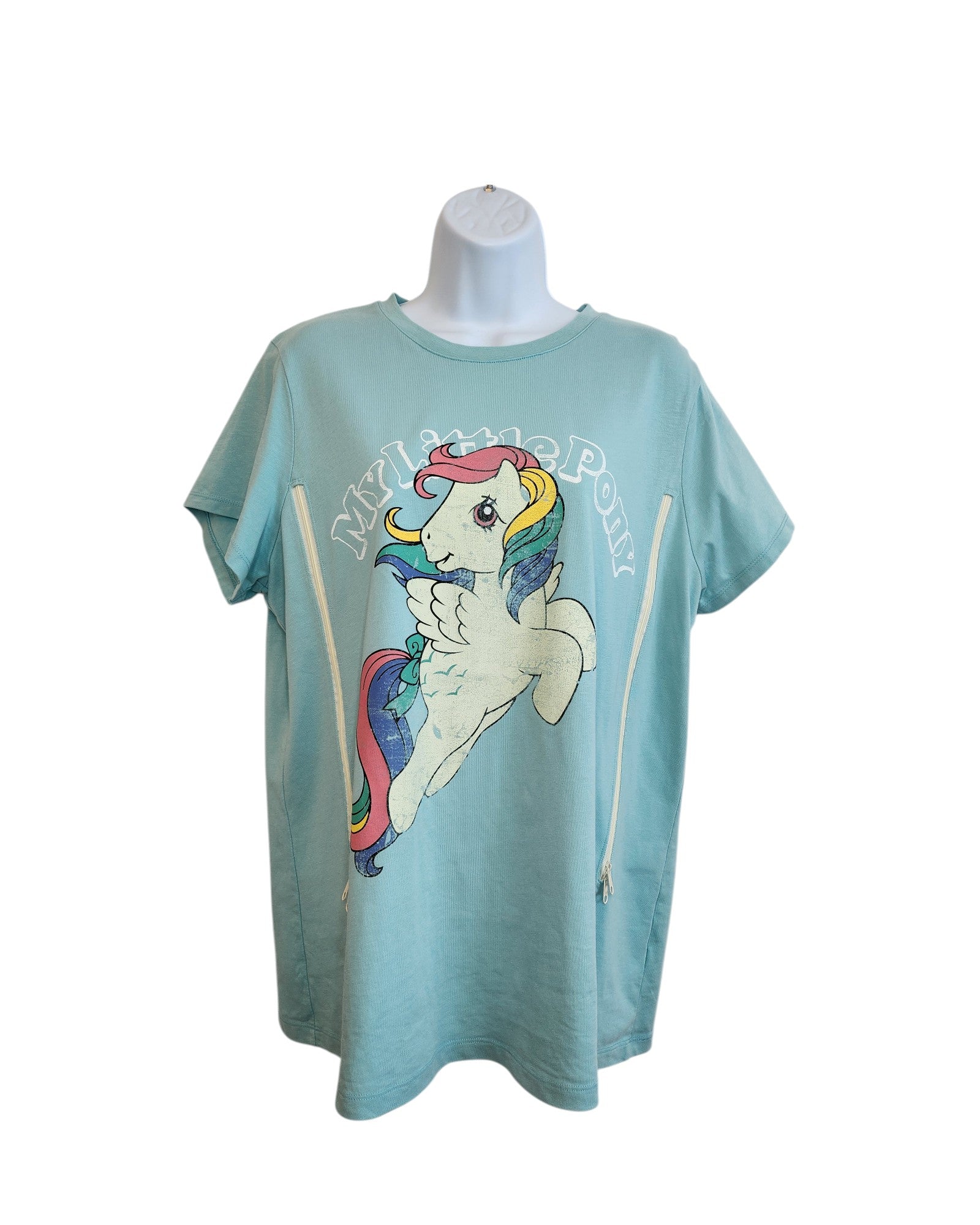 Light blue upcycled breastfeeding & pumping My Little Pony t-shirt (UK18) by George, features a colorful pony with rainbow mane and My Little Pony text above the illustration, shown on a white mannequin torso.