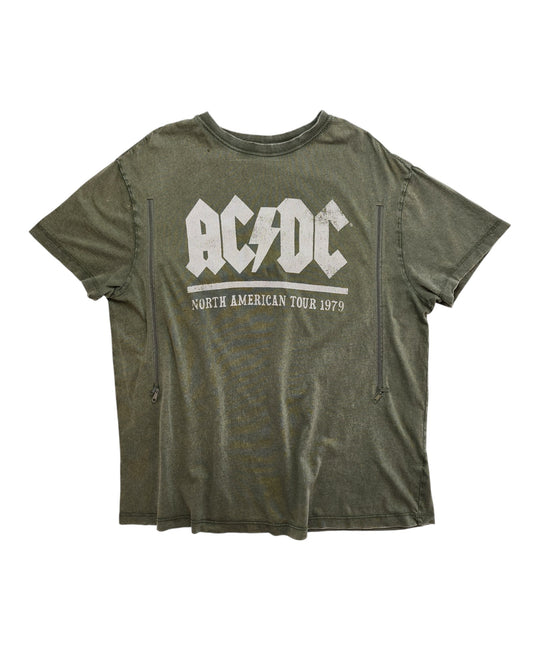The New Look Upcycled Breastfeeding & Pumping Khakhi AC/DC t-shirt UK16 features a faded, distressed olive-green look with the white AC/DC logo and “North American Tour 1979” on the back, plus visible seams for added vintage style.