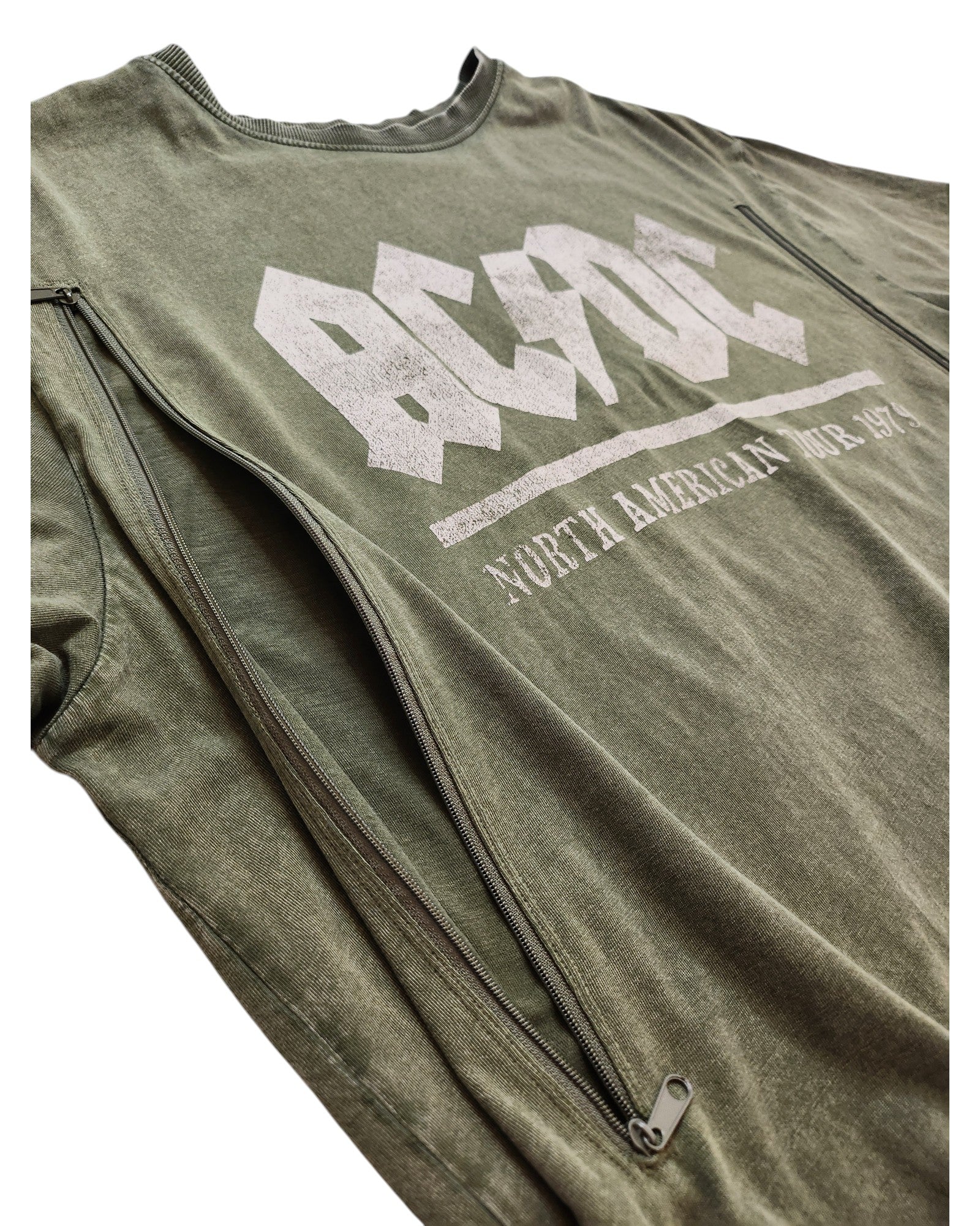 A khaki New Look AC/DC “North American Tour 1979” upcycled t-shirt (UK16) with two front zippers for breastfeeding or pumping, ideal for nursing moms or eco-conscious fans. Laid flat on a white background.