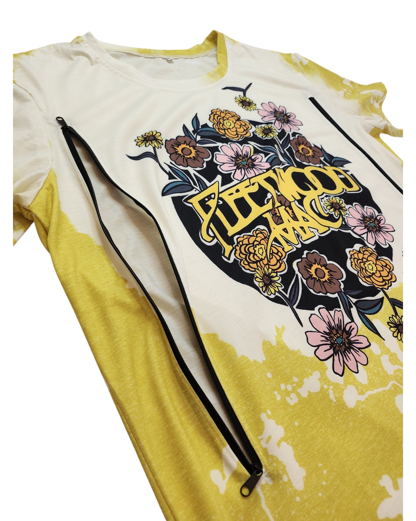 An XL upcycled lime and white Fleetwood Mac nursing & pumping T-shirt, featuring zippers on both sides for easy access and a colorful front design—eco-friendly and uniquely crafted.