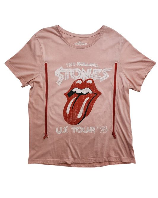 This upcycled Tu pink Rolling Stones t-shirt (UK14) is designed for breastfeeding & pumping, featuring the iconic lips and tongue logo with vintage tour text—crafted from high-quality preloved clothing.