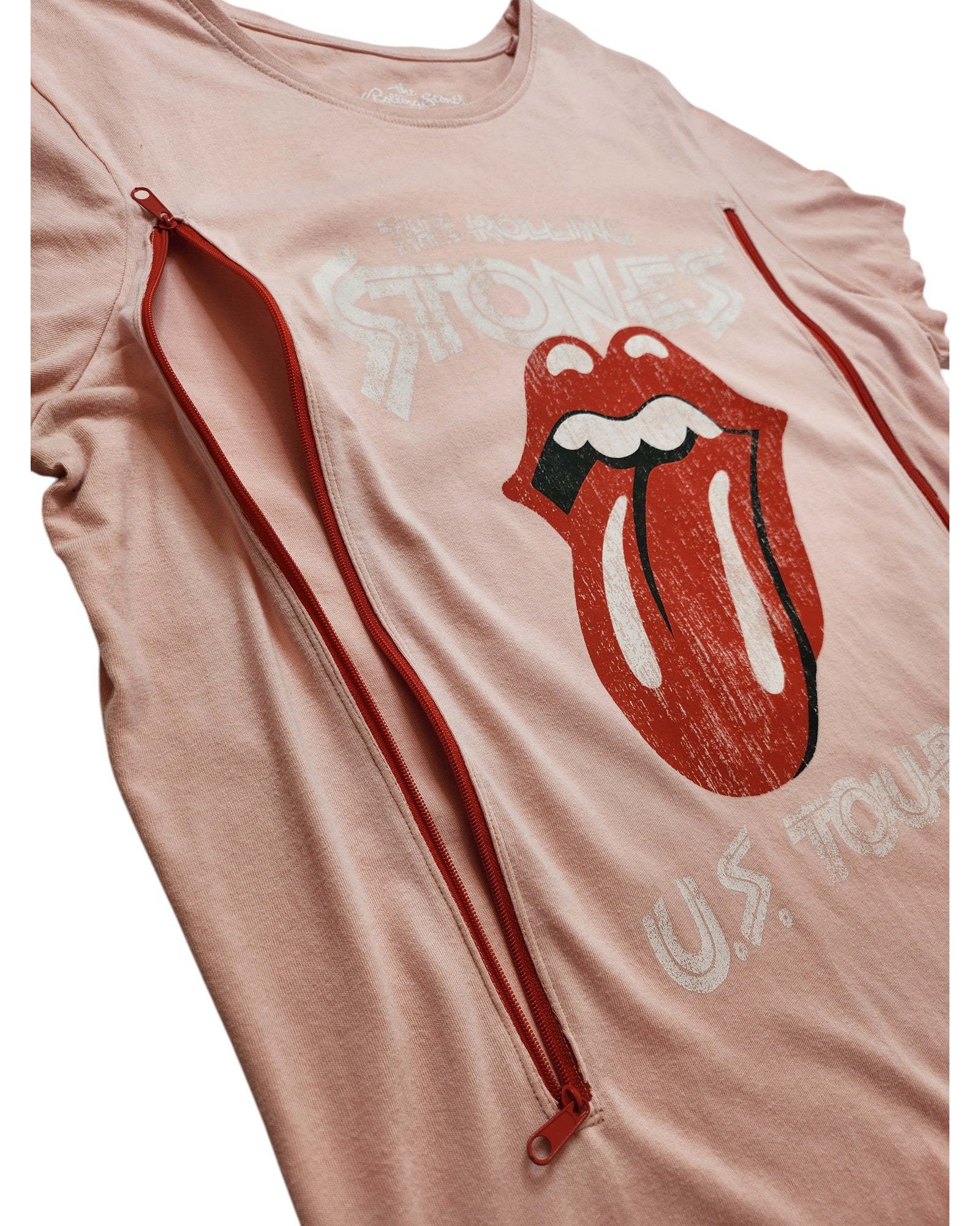 A unique upcycled Tu Pink Rolling Stones Nursing & Pumping T-shirt (UK14) with the tongue logo and two diagonal red zippers for easy access—a stylish, functional twist on the classic band tee.