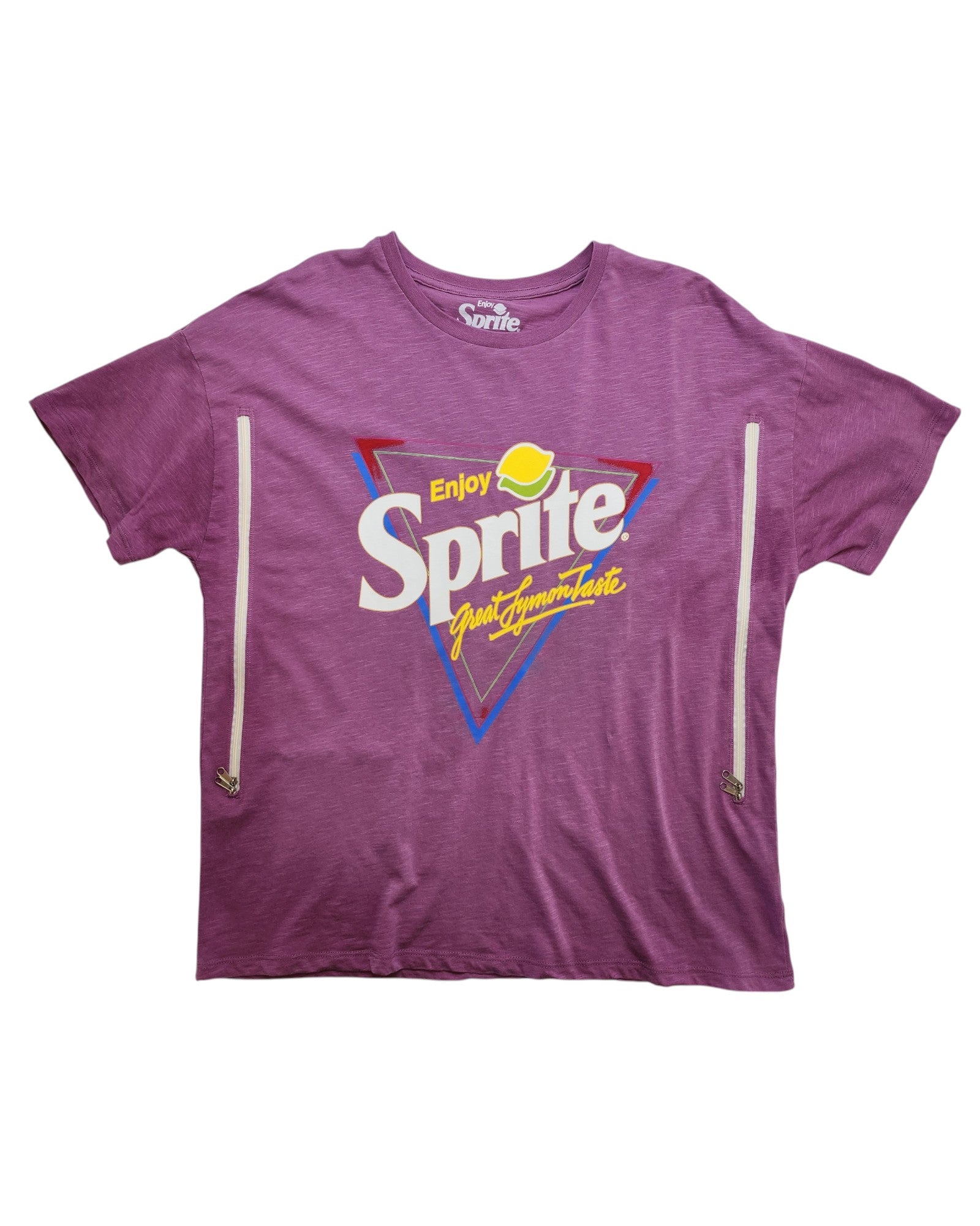 The George Upcycled Breastfeeding & Pumping Sprite T-shirt (UK14) features a retro Enjoy Sprite graphic with a yellow lemon slice, colorful triangles, and two vertical zippers for easy nursing—stylish and functional.