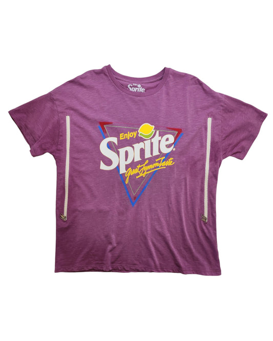 The George Upcycled Breastfeeding & Pumping Sprite T-shirt (UK14) features a retro Enjoy Sprite graphic with a yellow lemon slice, colorful triangles, and two vertical zippers for easy nursing—stylish and functional.