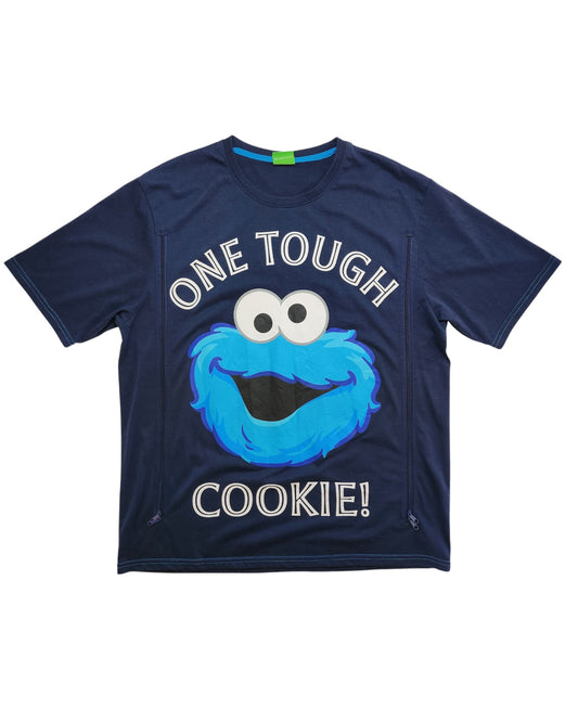 The George Upcycled Breastfeeding & Pumping Cookie Monster T-shirt (L) is navy blue, features a large cartoon Cookie Monster face and bold white ONE TOUGH COOKIE! text—crafted from upcycled clothing for eco-friendly style.