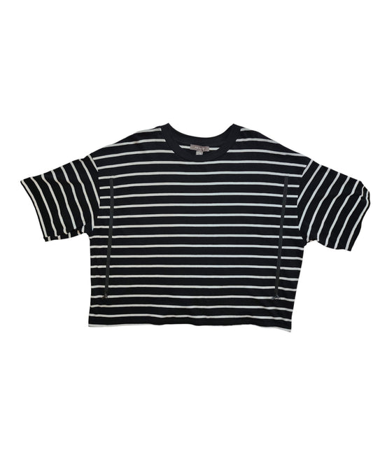 The Primark Upcycled Breastfeeding & Pumping Black/White Stripe t-shirt (L, UK14/16) features horizontal stripes, short sleeves, and is crafted from eco-friendly materials. Displayed laid flat on a white background.