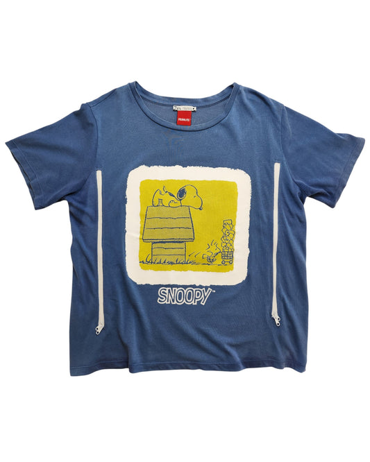 Upcycled ZARA Snoopy blue T-shirt (size M) with yellow and white graphic of Snoopy on his doghouse, SNOOPY text, and two side zippers for easy breastfeeding or pumping access.