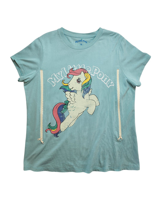 Upcycled My Little Pony breastfeeding & pumping T-shirt by George (UK18), light blue with a colorful flying pony and zipper accents—fun, eco-friendly everyday fashion.