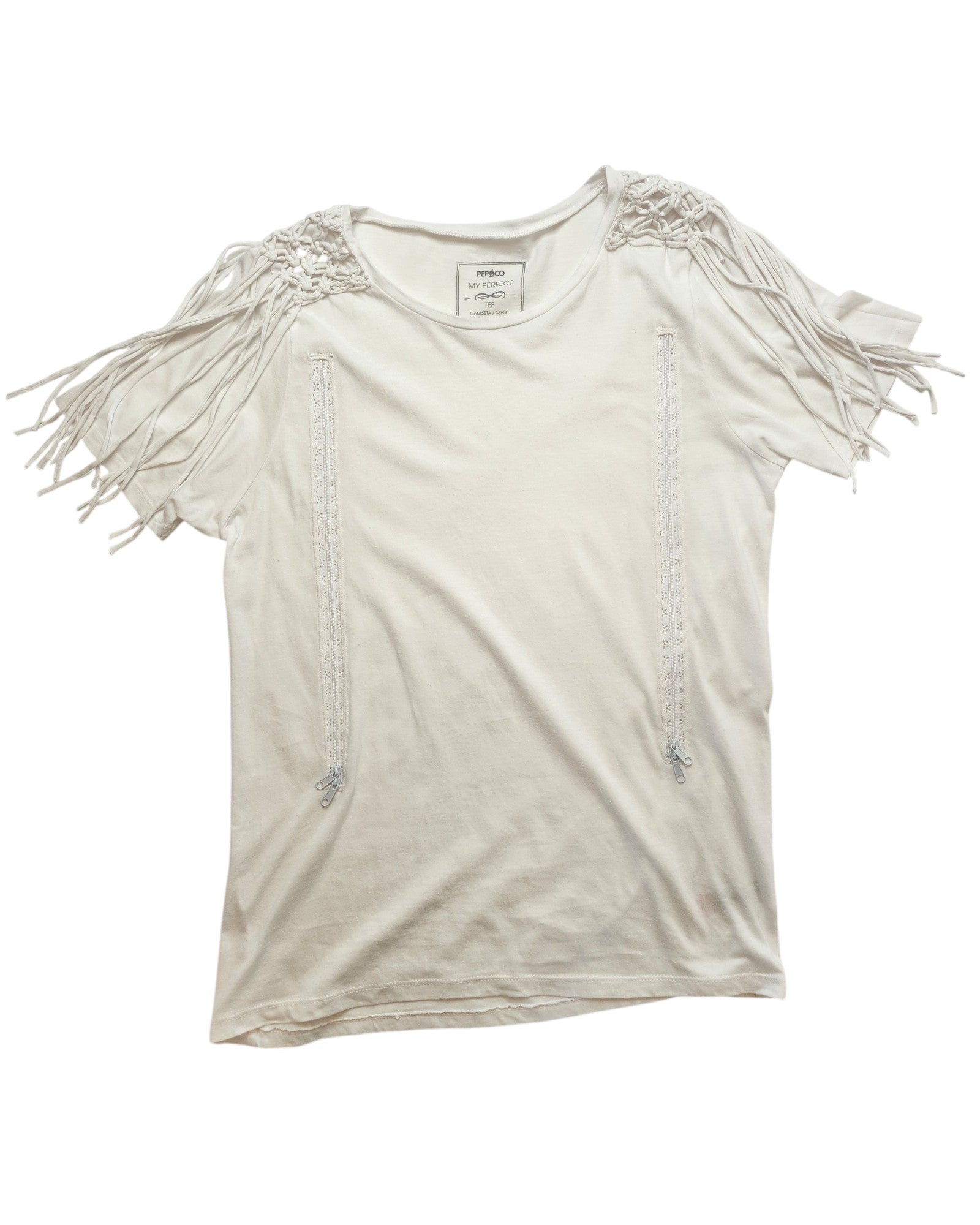 Pep & Cos Upcycled Breastfeeding & Pumping Plain White Shoulder Fringing T-shirt UK12 features short sleeves, fringe shoulder details, and lace accents down the front—an effortlessly stylish, relaxed-fit round-neck top for nursing moms.