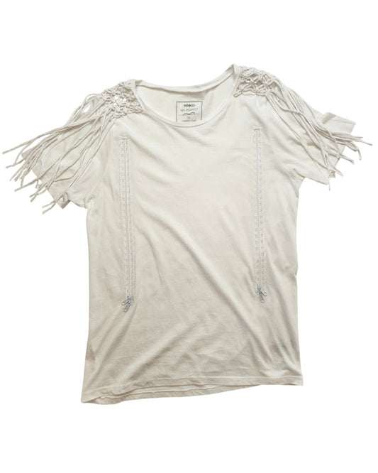 Pep & Cos Upcycled Breastfeeding & Pumping Plain White Shoulder Fringing T-shirt UK12 features short sleeves, fringe shoulder details, and lace accents down the front—an effortlessly stylish, relaxed-fit round-neck top for nursing moms.