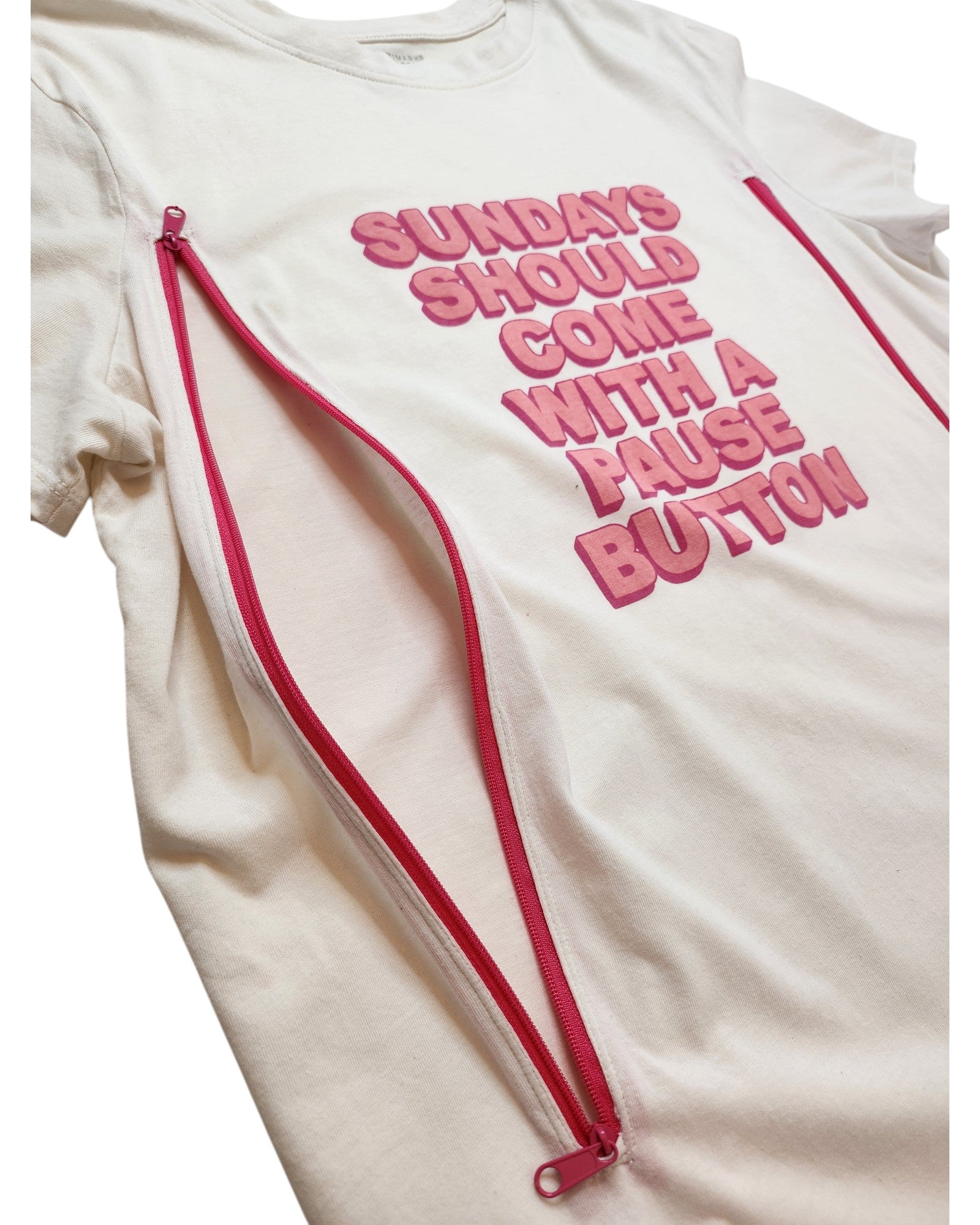 Primark Upcycled Breastfeeding & Pumping Sundays Pause Button t-shirt (L, UK14/16): White tee with pink “SUNDAYS SHOULD COME WITH A PAUSE BUTTON” 3D text and 2 pink zippers for easy nursing. Made from eco-friendly materials.