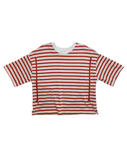 The Tu Upcycled Breastfeeding & Pumping Red/White Stripe T-shirt UK14 is a short-sleeved, loose-fit tee with a white crew neck—an eco-friendly choice for your sustainable wardrobe.