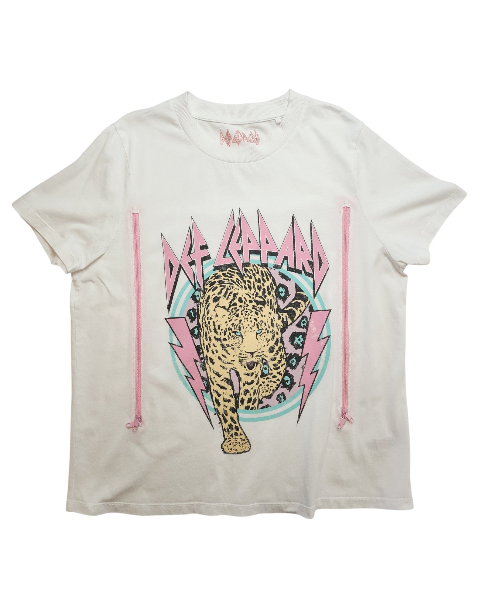 Upcycled Def Leppard white/pink T-shirt (size L) for breastfeeding and pumping, featuring a bold band logo and colorful leopard graphic—perfect for fans of unique, preloved style.