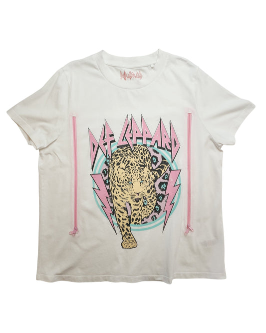 Upcycled Def Leppard white/pink T-shirt (size L) for breastfeeding and pumping, featuring a bold band logo and colorful leopard graphic—perfect for fans of unique, preloved style.