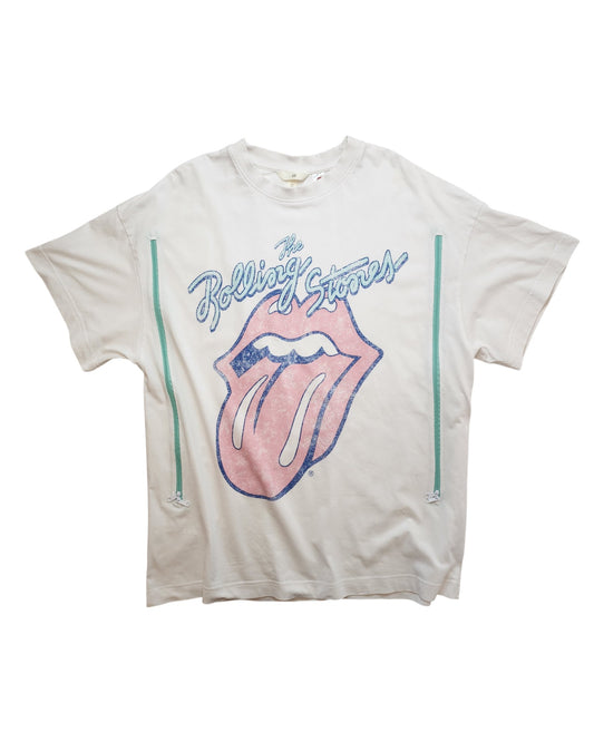 This upcycled H&M Rolling Stones T-shirt in white/blue (size L) features the iconic logo with a pink tongue, blue text, and teal stripes. Designed for breastfeeding and pumping, it adds a unique twist to your wardrobe with preloved fashion flair.