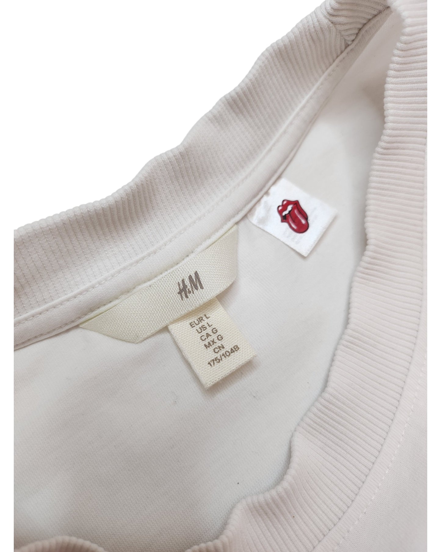 Close-up of an upcycled H&M breastfeeding & pumping t-shirt in white/blue, size L, featuring The Rolling Stones tongue logo—a unique find for any preloved fashion collection.
