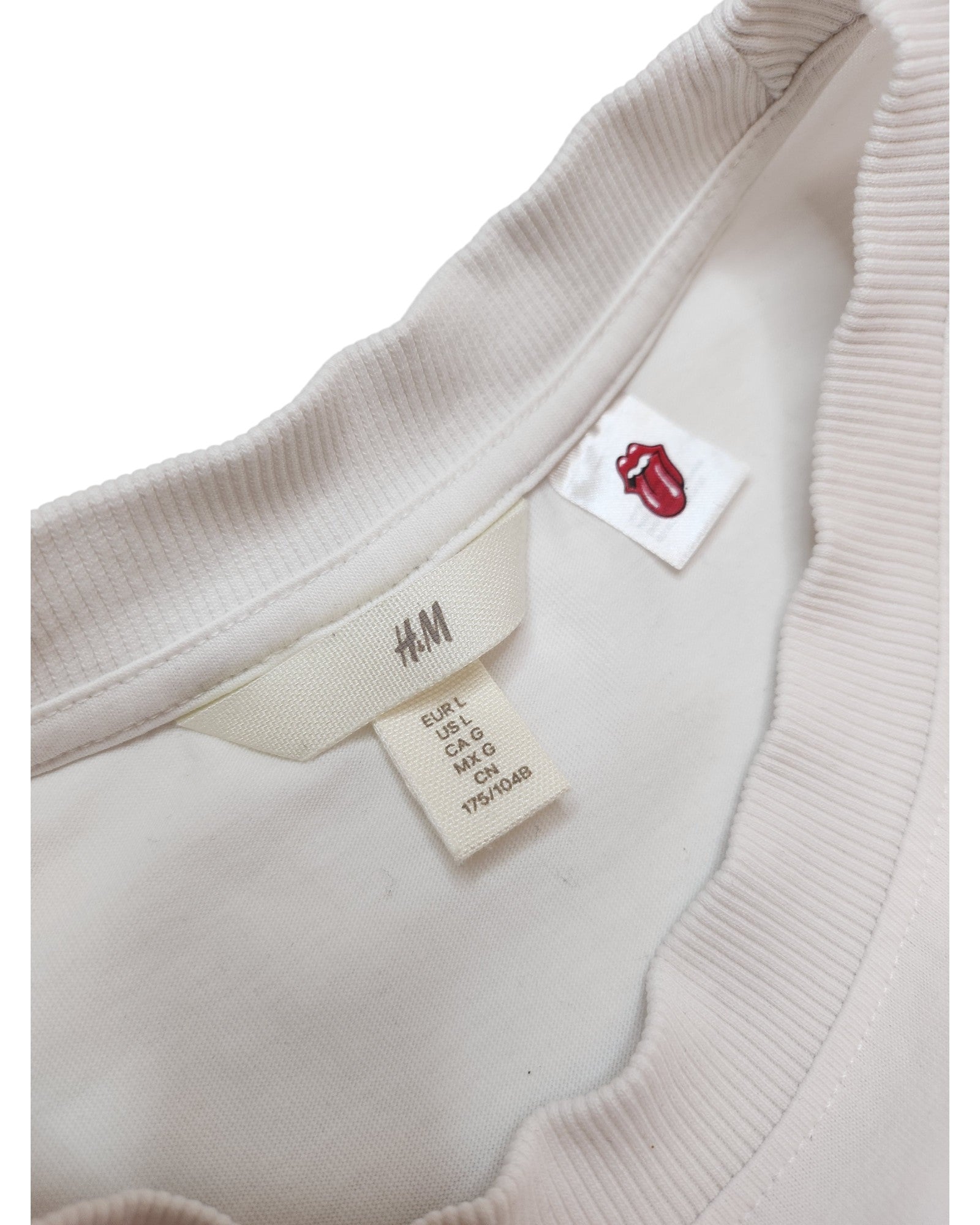 Close-up of an upcycled H&M breastfeeding & pumping t-shirt in white/blue, size L, featuring The Rolling Stones tongue logo—a unique find for any preloved fashion collection.