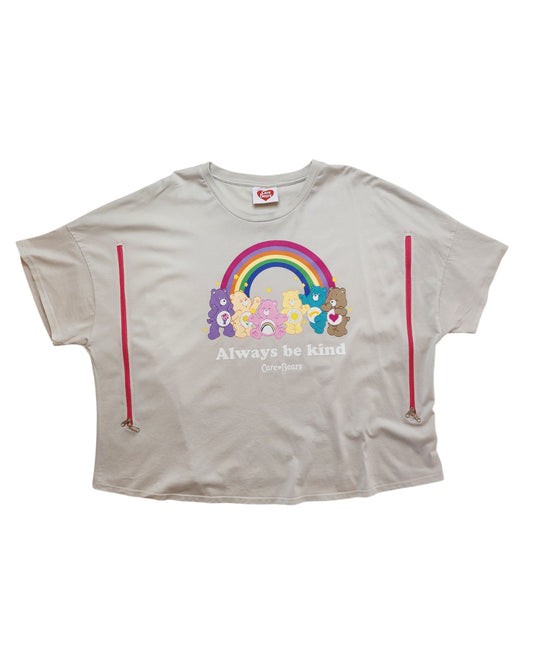 The George Upcycled Breastfeeding & Pumping Cream Care Bears T-shirt UK22 features a light gray oversized fit, rainbow Care Bears with Always be kind, and pink zippers for nursing—perfect for stylish breastfeeding.