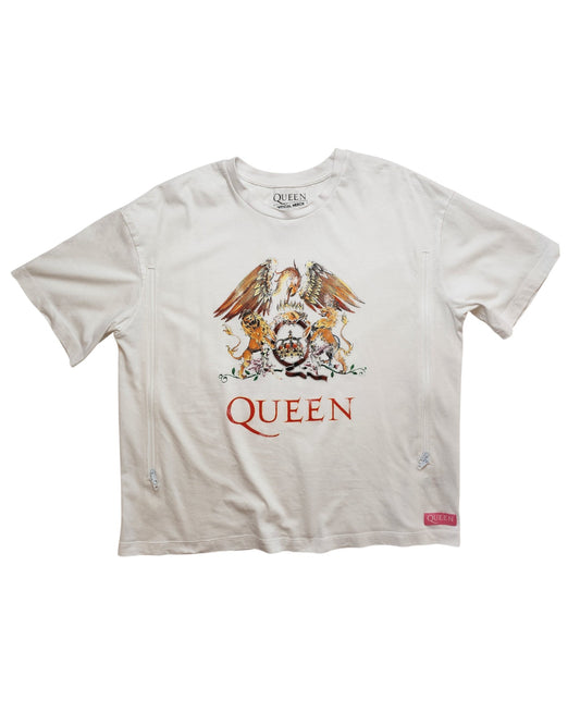 Upcycled breastfeeding & pumping white Queen t-shirt (UK16) featuring the iconic band logo with crown, lion, crab, phoenix crest, and bold QUEEN text in red.