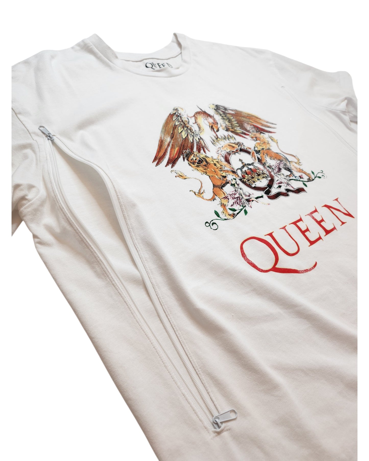 Upcycled Queen White UK16 T-shirt, perfect for breastfeeding and pumping. Features iconic band crest with lions, phoenix, crown, and QUEEN in red. Unique diagonal zippers make it a standout choice for preloved fashion lovers.