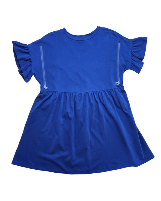 The New Look Upcycled Breastfeeding & Pumping Short Blue T-shirt Dress UK10 features ruffled short sleeves, a gathered waist, and two front zippers from shoulder to waist for easy nursing access, made from preloved fabric.