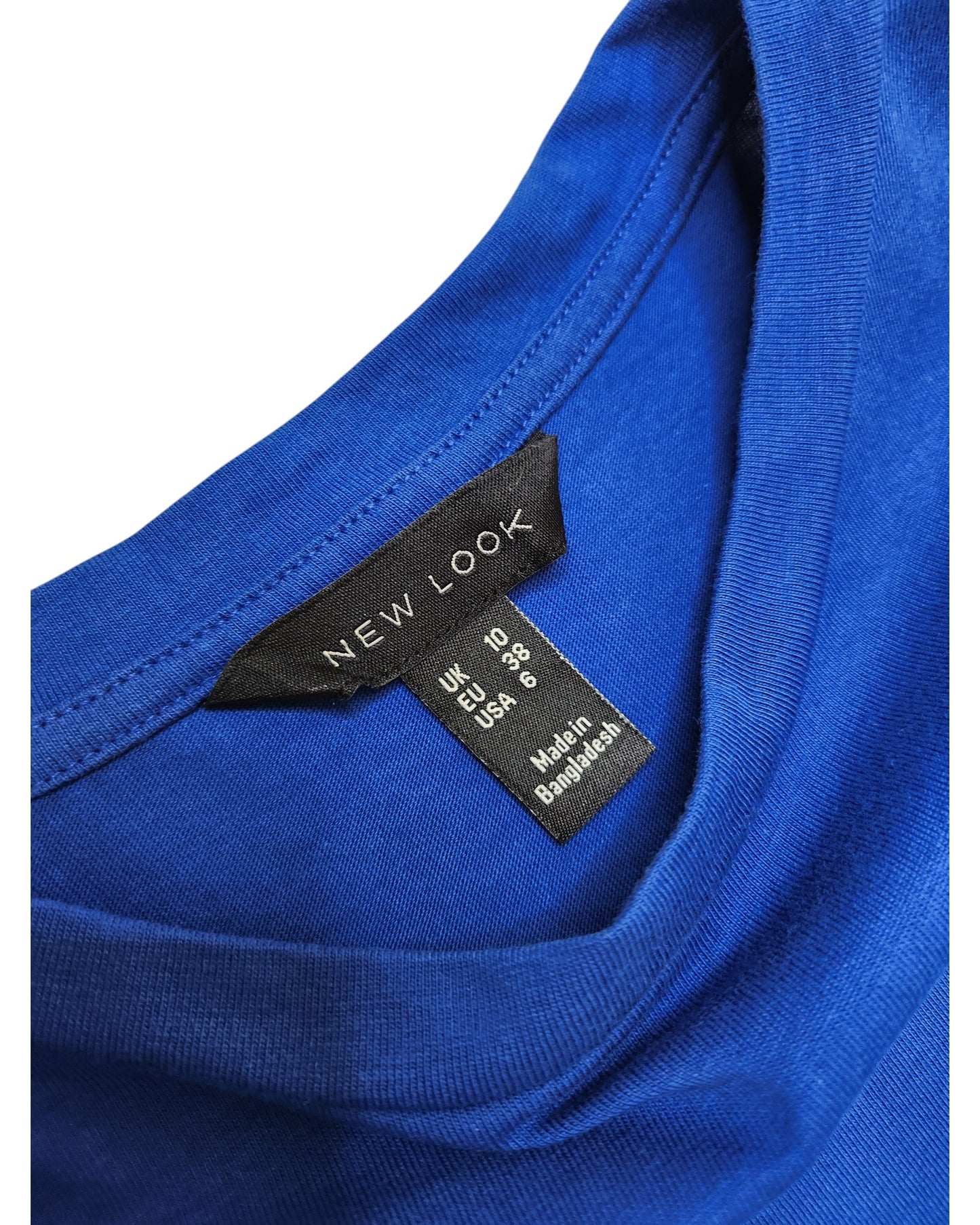 A close-up of a preloved Upcycled Breastfeeding & Pumping Short Blue t-shirt Dress by New Look (UK10) shows the black label and neckline detail.