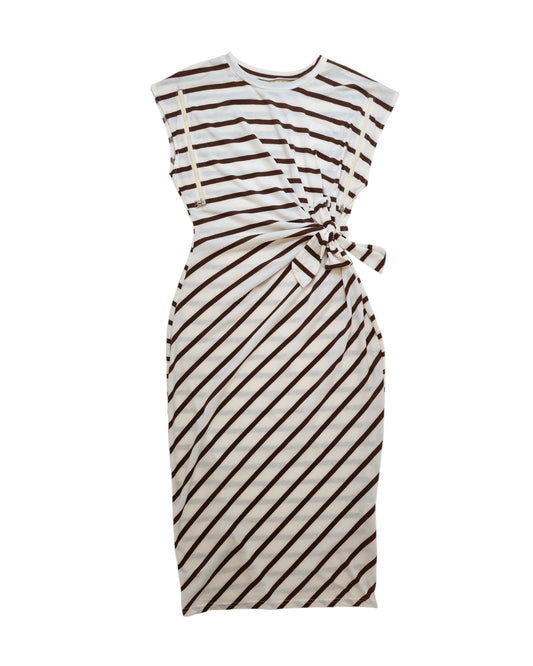 The Upcycled Breastfeeding & Pumping Cream/Brown Stripe Dress L by TikTok features a sleeveless, knee-length design with a side knot, made from preloved clothing—an eco-friendly, stylish, and affordable choice.