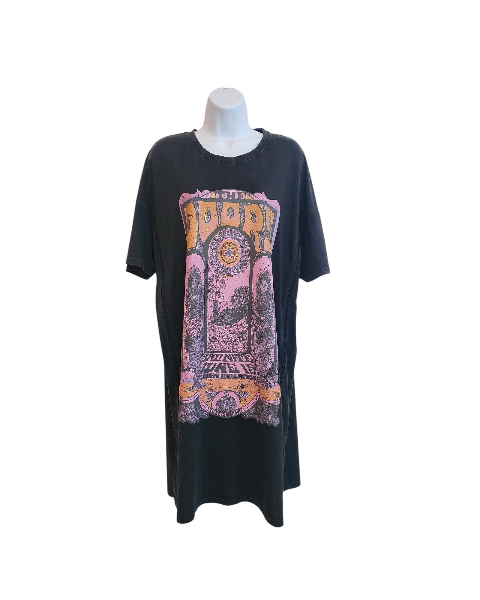 A black Upcycled Breastfeeding & Pumping The Doors Band t-shirt dress (size S, UK10/12) by Primark, displayed on a white mannequin bust—features a colorful vintage-style design, perfect for eco-friendly fashion lovers.