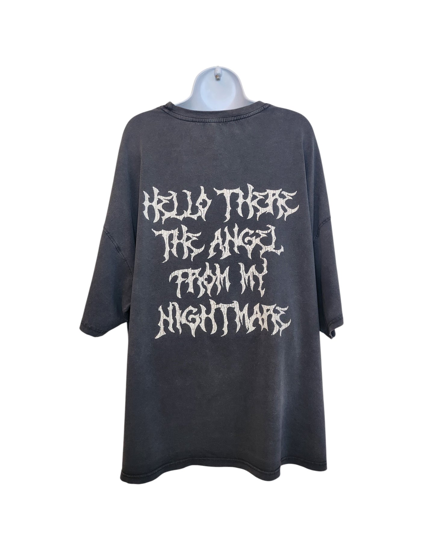 An upcycled black Boohoo Blink 182 band tee (size L), designed for breastfeeding & pumping, features Hello there, the angel from my nightmare in white jagged text—perfect for eco-friendly fashion lovers.