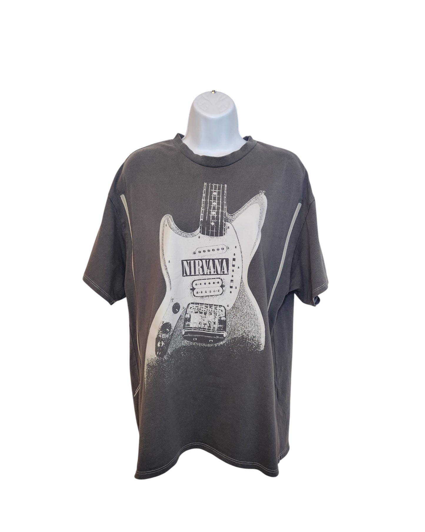 A grey XS H&M Upcycled Breastfeeding & Pumping Nirvana Guitar Band T-shirt, crafted from upcycled clothing, is displayed on a mannequin bust against a white background.