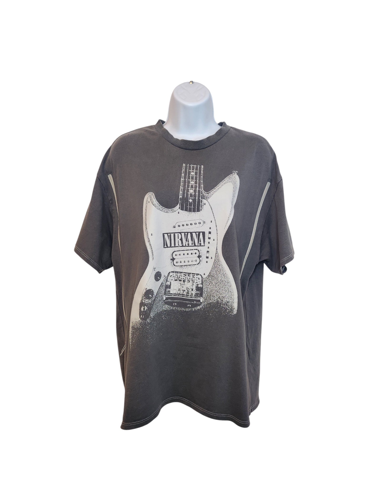 A grey XS H&M Upcycled Breastfeeding & Pumping Nirvana Guitar Band T-shirt, crafted from upcycled clothing, is displayed on a mannequin bust against a white background.