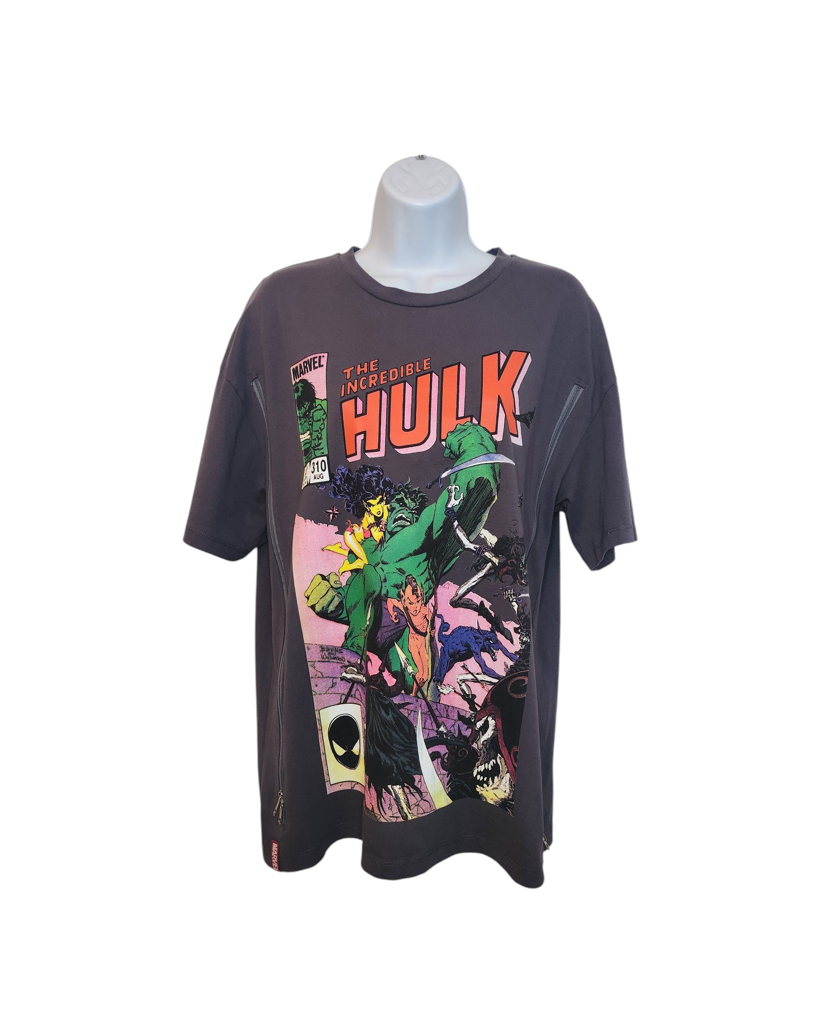 A dark gray Primark Upcycled Hulk Marvel Nursing & Pumping T-shirt (S, UK10/12) features a vibrant comic book-style Hulk graphic and is crafted from eco-friendly materials for sustainable style.