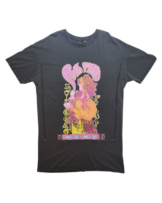 Primark’s upcycled grey Pink Floyd band t-shirt dress (M, UK12/14) is designed for breastfeeding and pumping. Crafted with eco-friendly materials, it features ornate yellow, orange, and pink psychedelic graphics of a woman with flowers and a pipe.