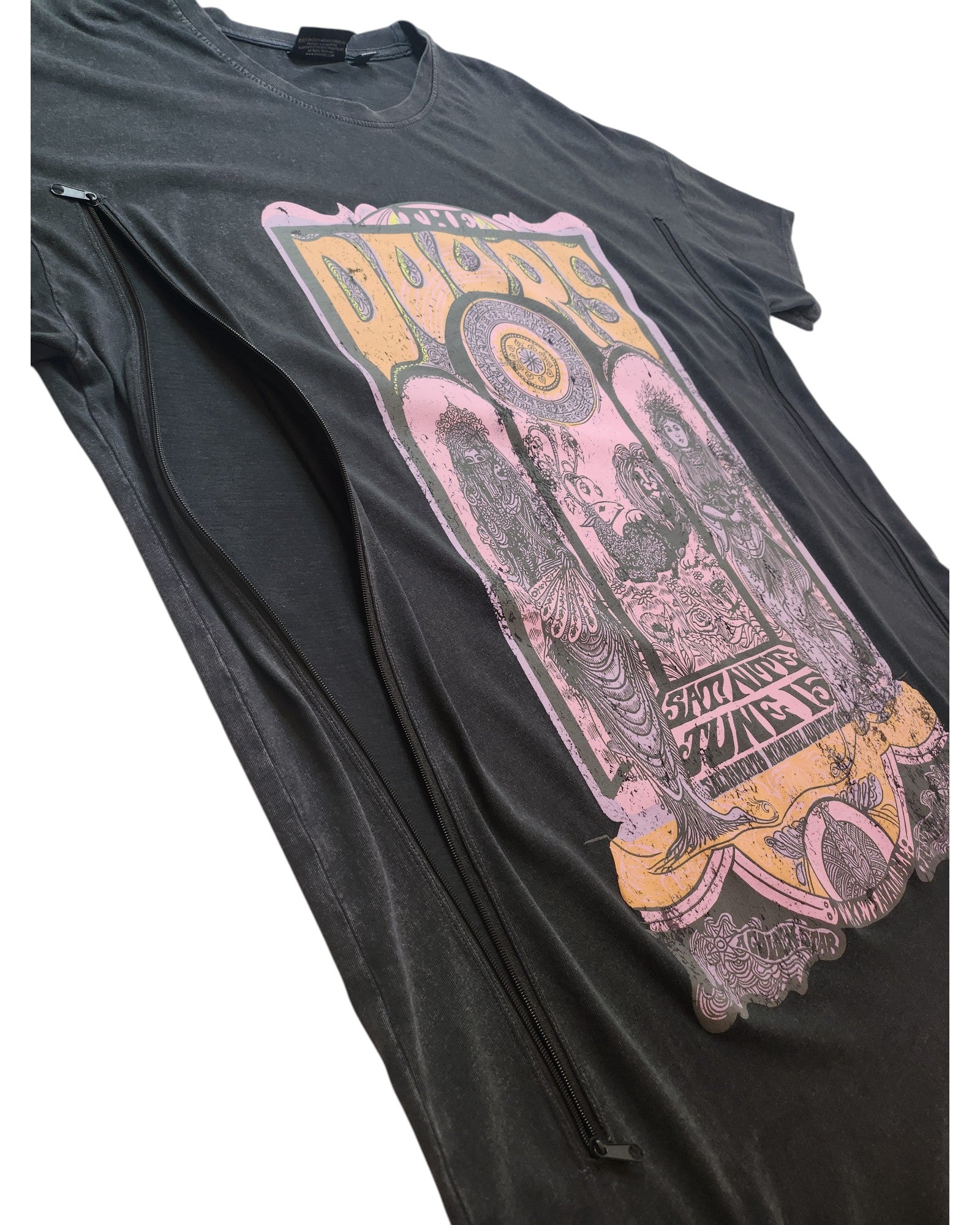 The Primark Upcycled Breastfeeding & Pumping The Doors Band t-shirt dress (S, UK10/12) features a black base, colorful vintage-style graphics in pink, yellow, cream, two diagonal front zippers, and is ideal for eco-friendly fashion lovers.