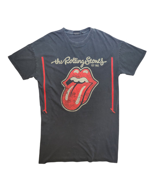Primark Upcycled Breastfeeding & Pumping Grey Rolling Stones Band t-shirt dress (S/UK10-12), featuring the iconic tongue and lips logo with The Rolling Stones Est 1962 in yellow script; preloved item.