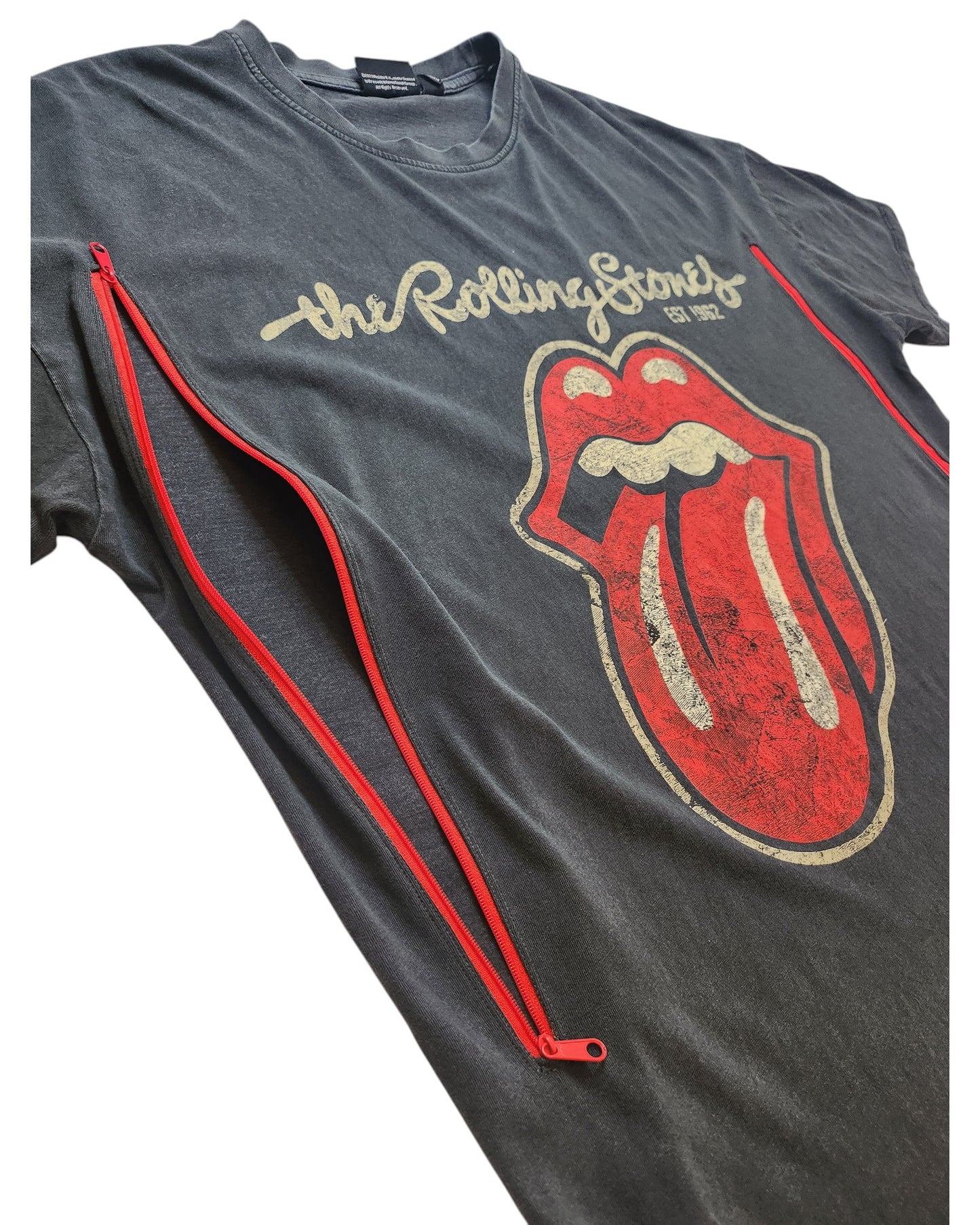 Primark Upcycled Breastfeeding & Pumping Grey Rolling Stones Band t-shirt dress (S, UK10/12), featuring the iconic tongue logo, band text, and two red vertical side zippers for a unique touch.