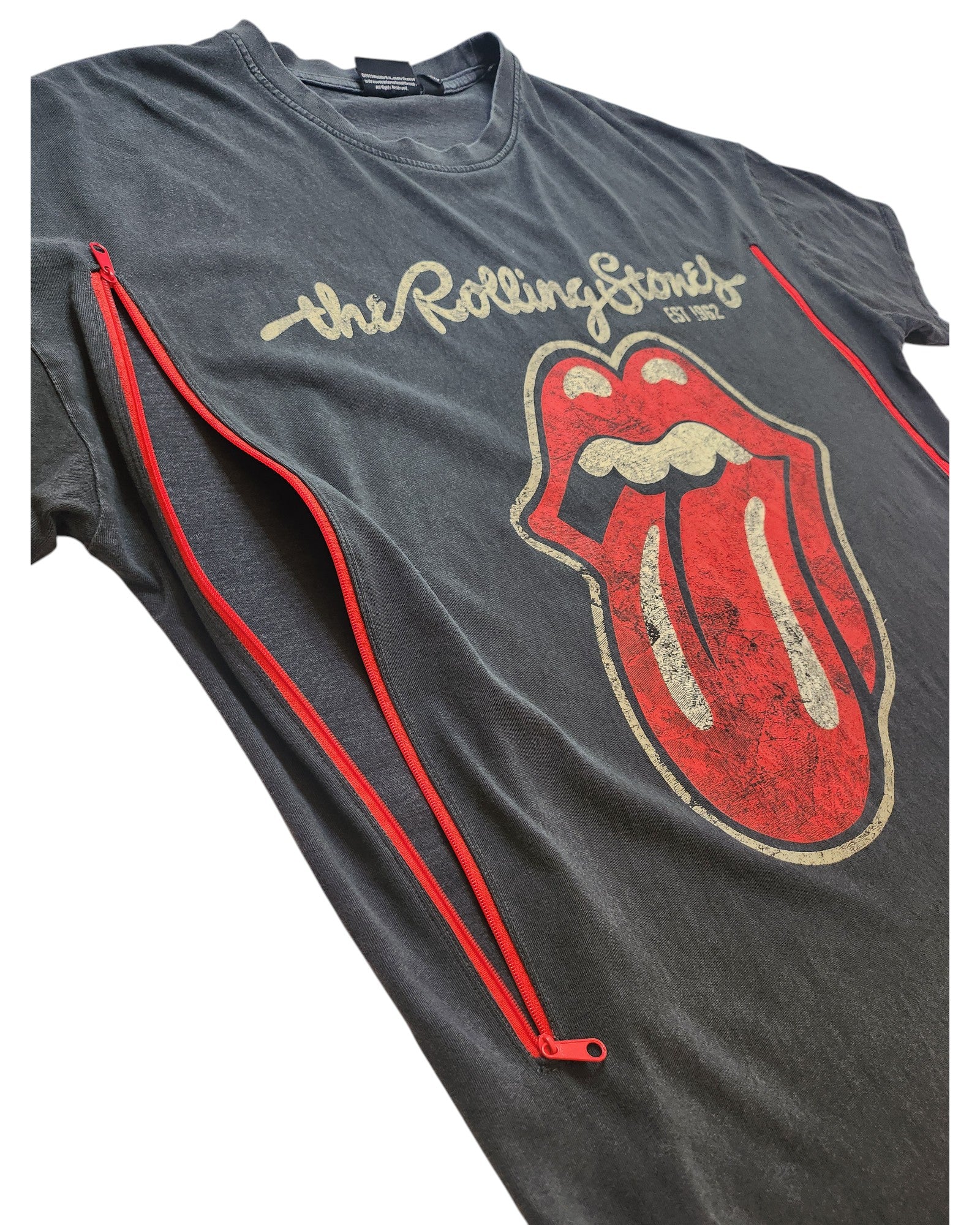 Primark Upcycled Breastfeeding & Pumping Grey Rolling Stones Band t-shirt dress (S, UK10/12), featuring the iconic tongue logo, band text, and two red vertical side zippers for a unique touch.