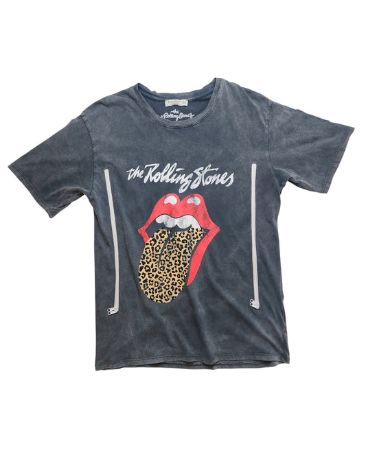 A preloved Stradivarius Upcycled Rolling Stones Grey/Leopard Band t-shirt (size M) for breastfeeding and pumping, featuring the iconic logo with a leopard print tongue and white script above.