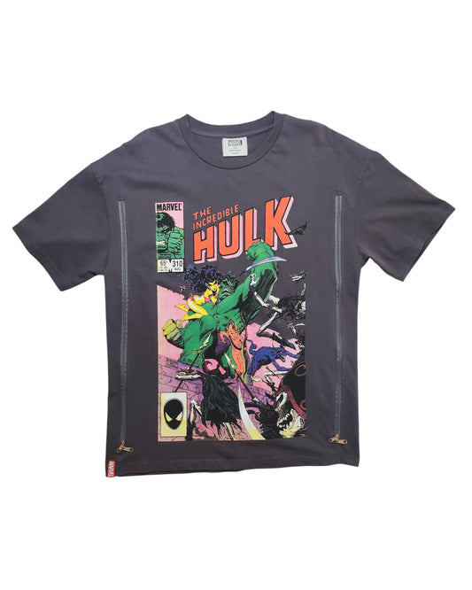 This upcycled Primark Hulk Marvel t-shirt (size S, UK10/12) features a colorful comic Hulk graphic, Marvel logo, comic details, and two front zipper accents for breastfeeding or pumping. Eco-friendly apparel.
