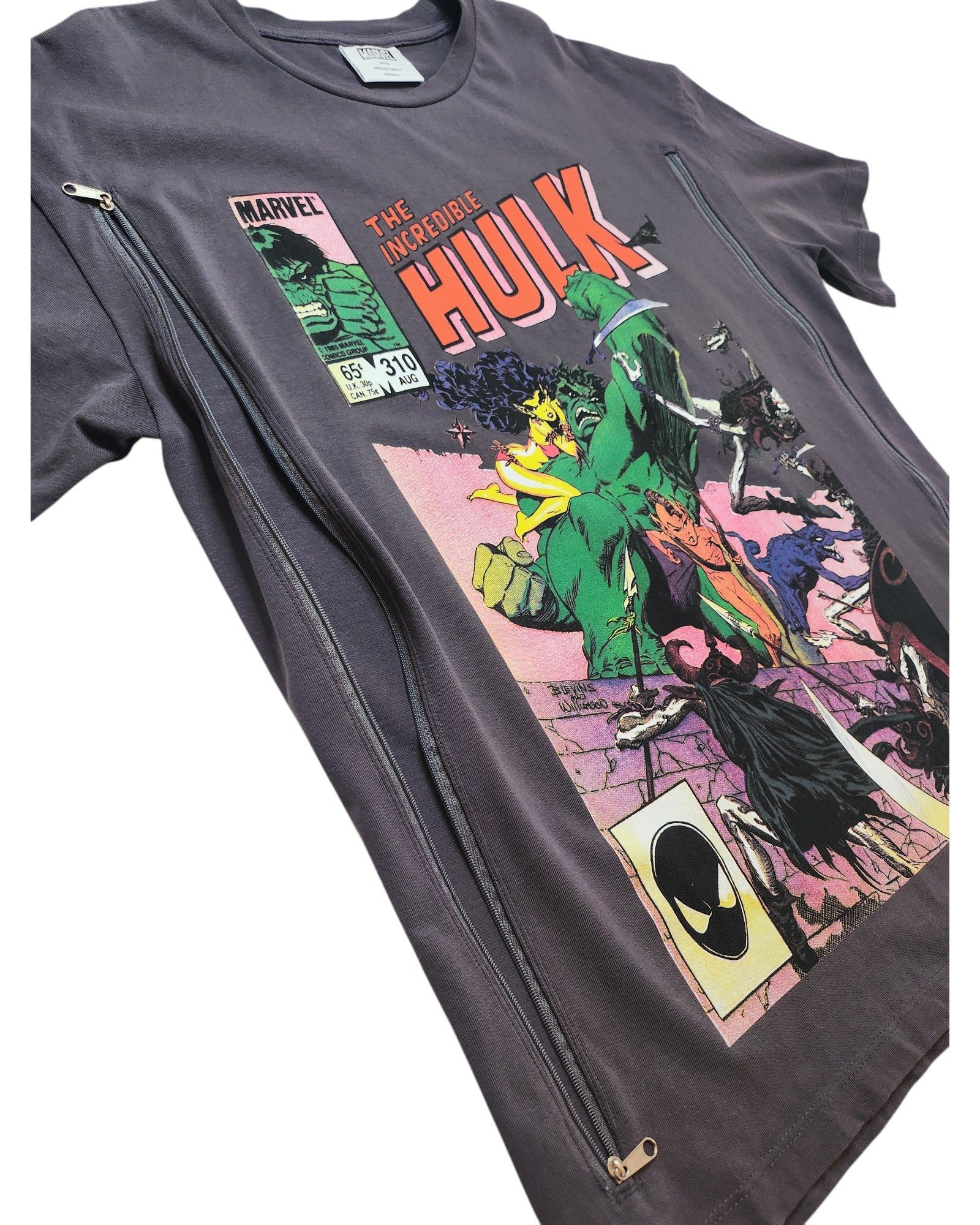 The Primark Upcycled Breastfeeding & Pumping Hulk Marvel t-shirt (S, UK10/12) is black with a colorful Hulk print and long vertical side zippers for comfortable and easy nursing or pumping access.