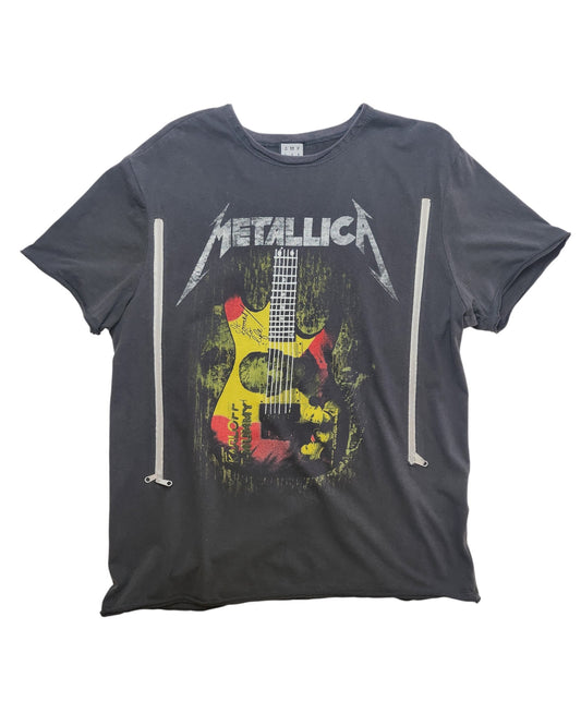 The Amplified Upcycled Breastfeeding & Pumping Metallica Guitar Band T-shirt (M) features a black design with an electric guitar graphic, red, yellow, and green accents, bold white Metallica lettering, two side zippers—eco-friendly music lover’s fashion.