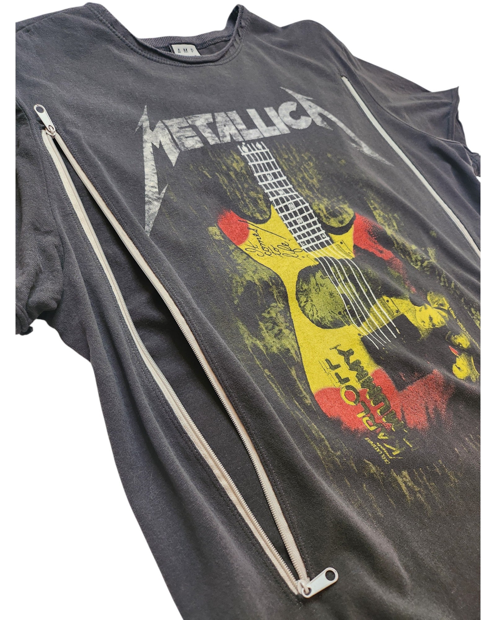 The Amplified Upcycled Breastfeeding & Pumping Metallica Guitar Band T-shirt (M) features a black tee with a white Metallica logo, electric guitar graphic in yellow/red, and vertical zippers on both sides for easy nursing/pumping.