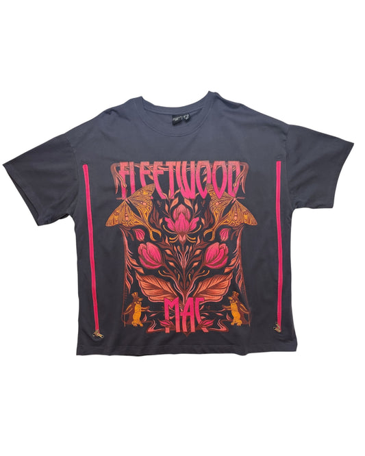 An upcycled grey Primark Fleetwood Mac nursing & pumping band t-shirt (UK14/16) with bold floral graphics—ideal for fans seeking unique preloved clothing.