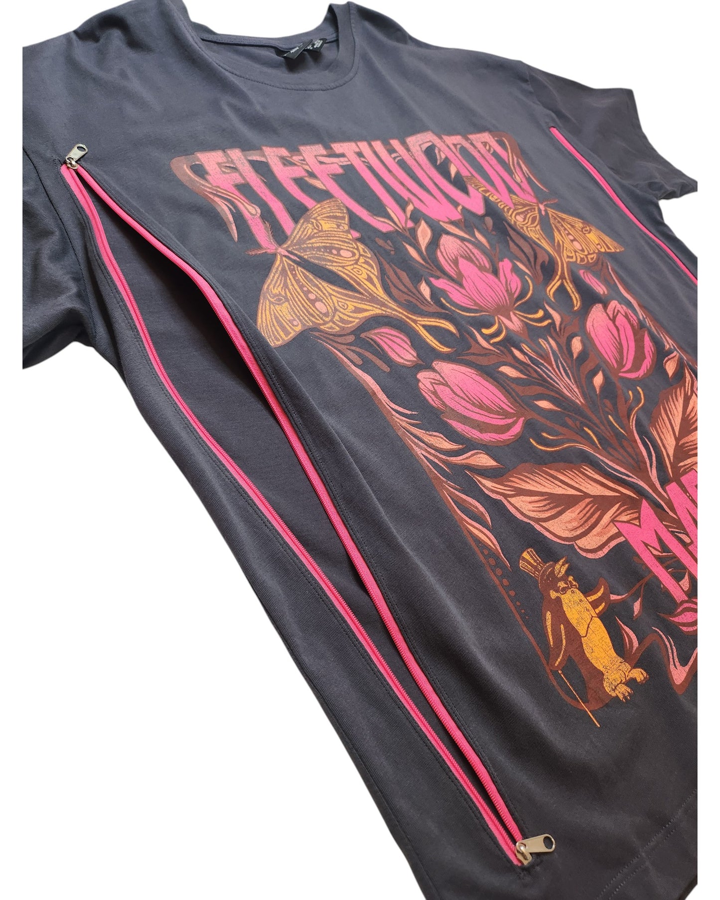 Primark Upcycled Breastfeeding & Pumping Grey Fleetwood Mac Floral Band T-shirt (UK14/16) features floral graphics and practical zippers for easy nursing—stylish and eco-friendly for your upcycled wardrobe.