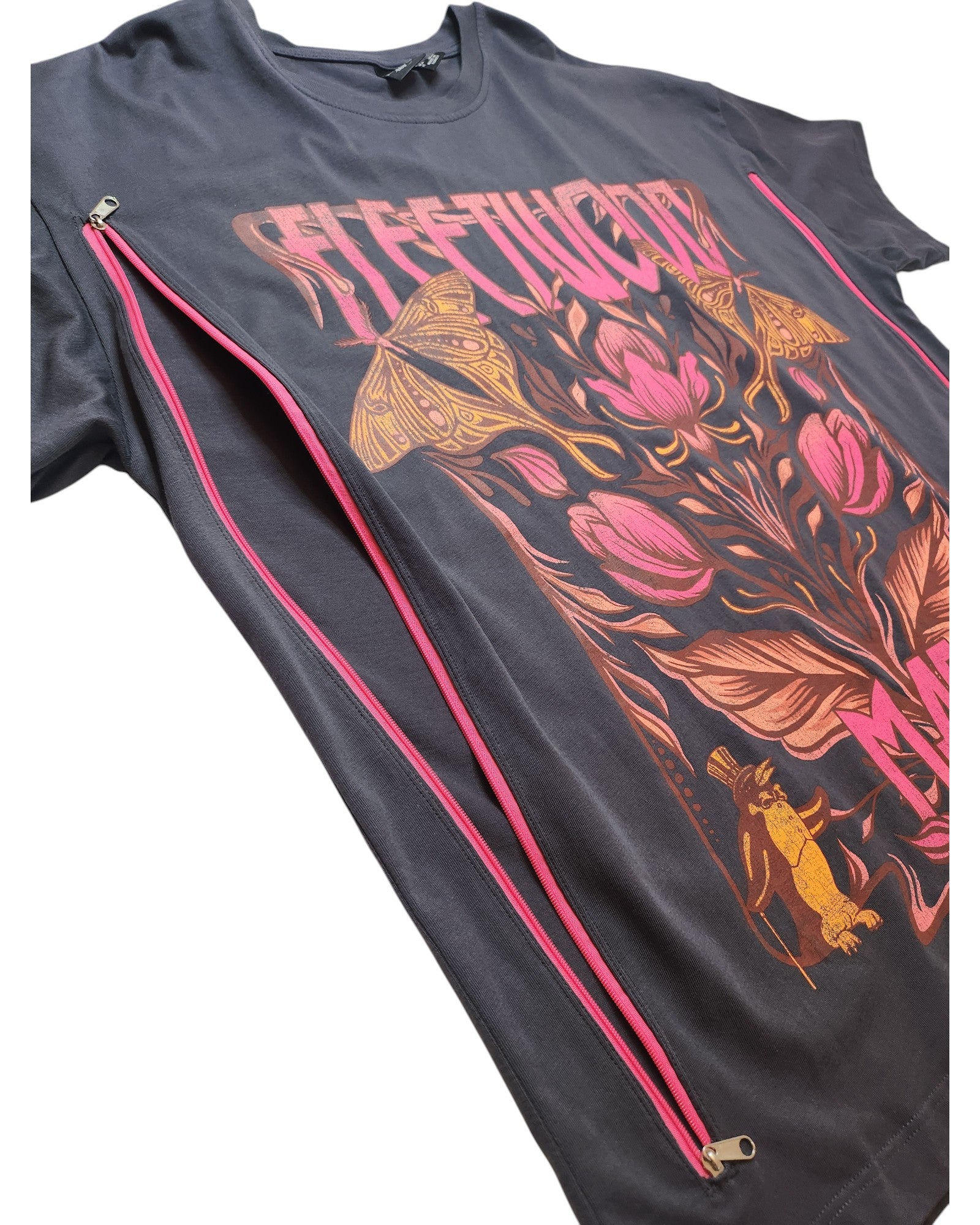 Primark Upcycled Breastfeeding & Pumping Grey Fleetwood Mac Floral Band T-shirt (UK14/16) features floral graphics and practical zippers for easy nursing—stylish and eco-friendly for your upcycled wardrobe.
