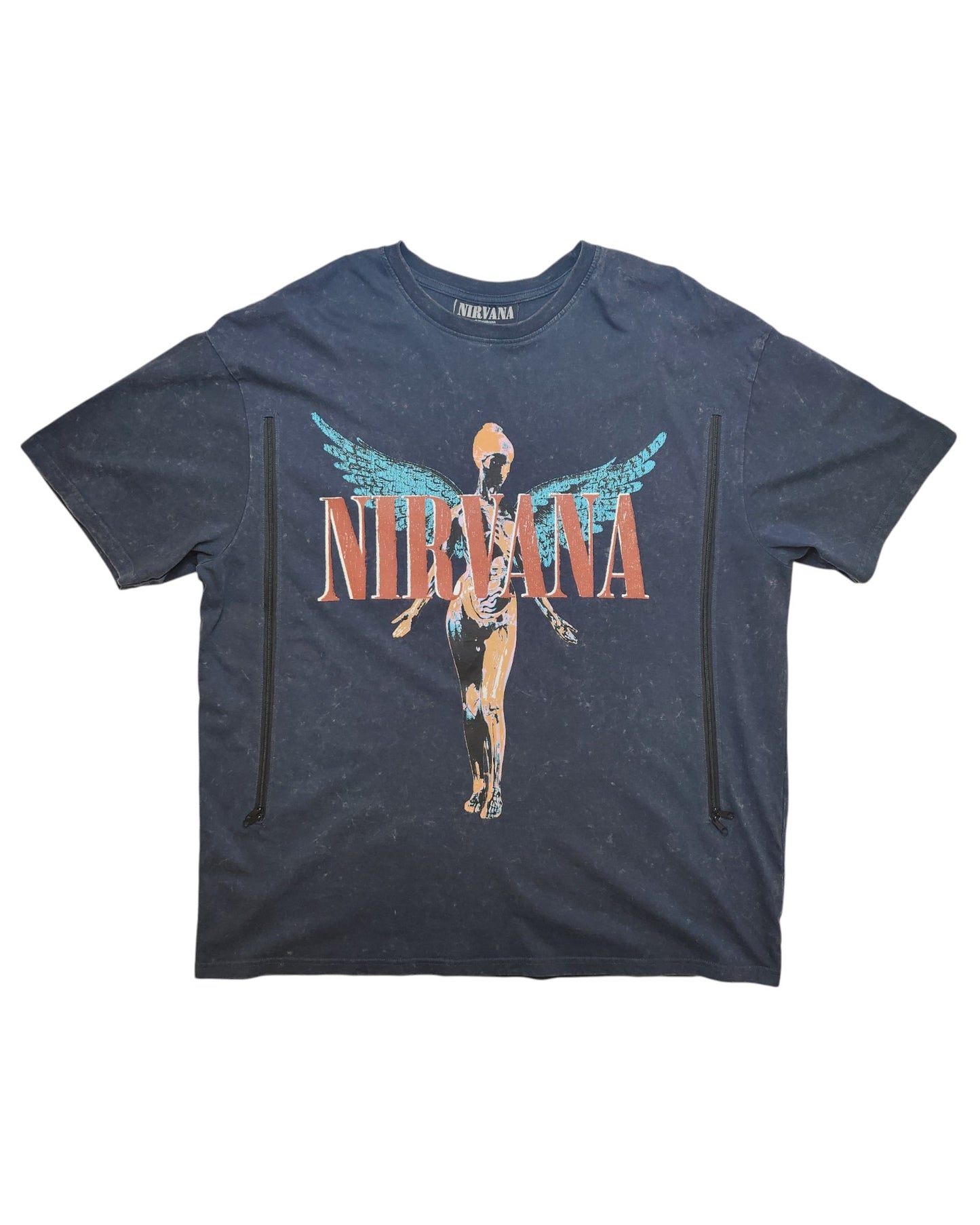 A grey/turquoise Primark Nirvana Angel band t-shirt (UK14/16, upcycled for breastfeeding and pumping)—a trendy, eco-friendly choice for nursing moms who love music-inspired style.